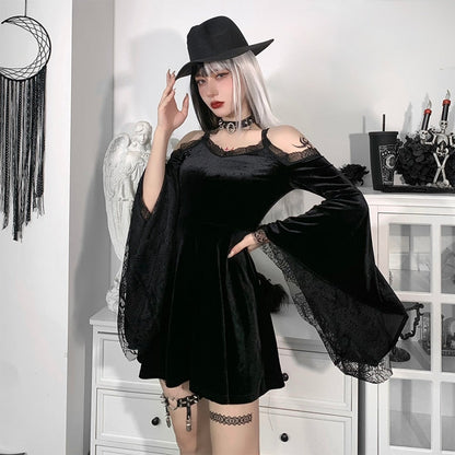 Witchy Clothing Sexy Flare Sleeve Black Dress Gothic Clothing