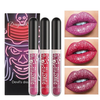 Devil's Dream Halloween Diamond Glitter Lip gloss Kit Waterproof Glitter Liquid Black Lipstick Shiny Lip Tint