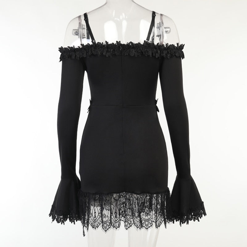 Witchy Clothing Gothic Sexy Off Shoulder Lace Tirm Dress Gothic Clothing