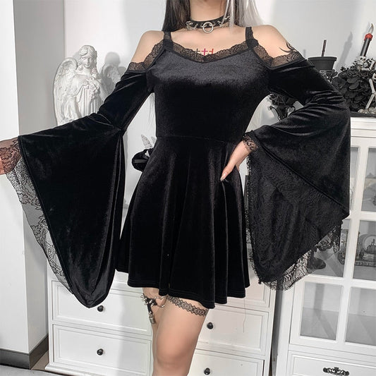 Witchy Clothing Sexy Flare Sleeve Black Dress Gothic Clothing