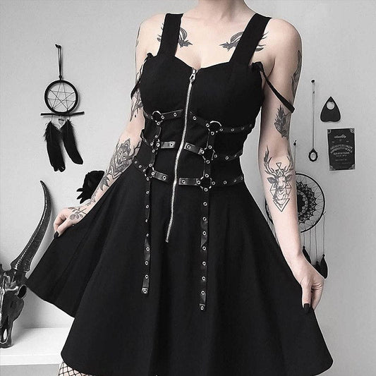 Witchy Clothing Goth Zipper Harness Dress Gothic Clothing