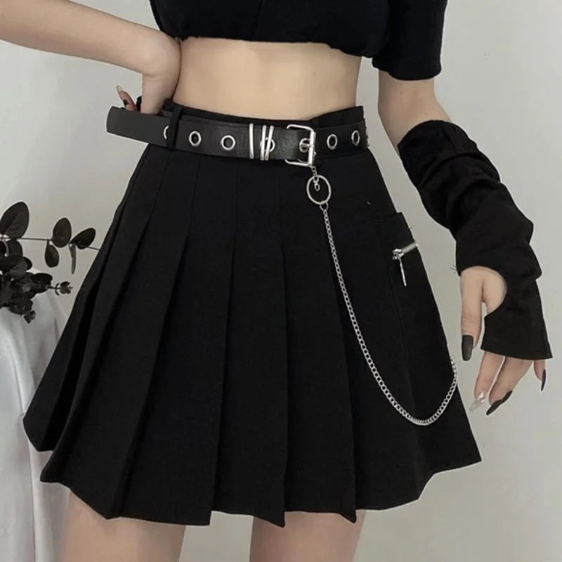 Punk goth buckles chains pleated skirt