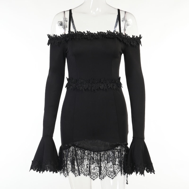 Witchy Clothing Gothic Sexy Off Shoulder Lace Tirm Dress Gothic Clothing