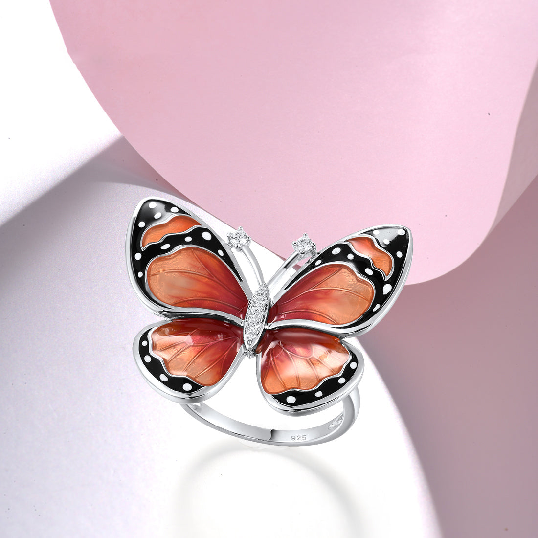 Handmade Luxury 925 Sterling Sliver Painted Enamel White CZ Butterfly Statement Ring