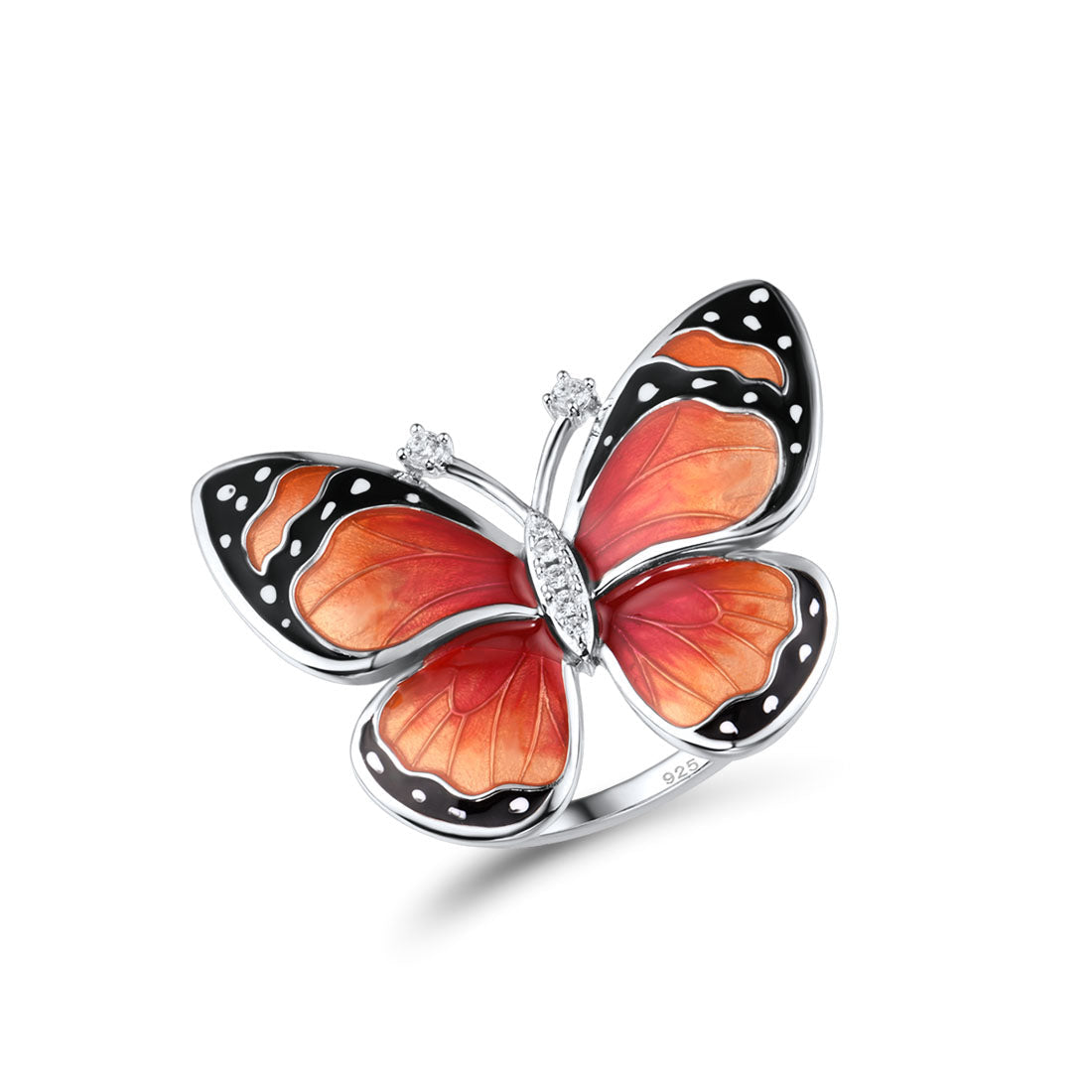 Handmade Luxury 925 Sterling Sliver Painted Enamel White CZ Butterfly Statement Ring