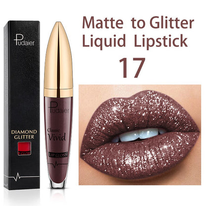 Tineit Shimmer Lip Gloss 15 Colors Matte Diamond Waterproof Long Lasting Glitter Liquid Lipstick Shiny Red Pink Lip Beauty Makeup