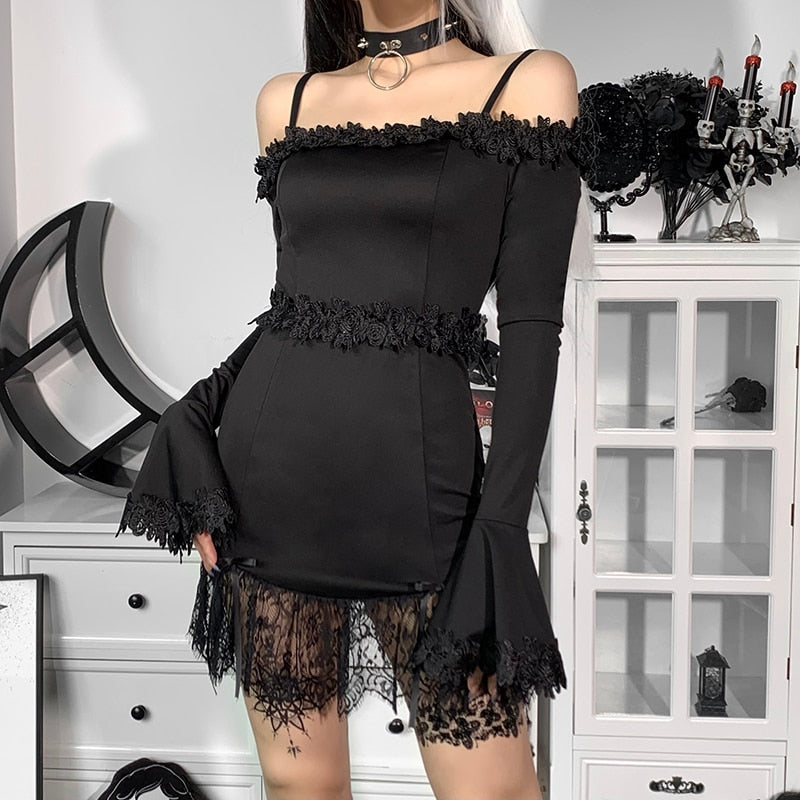 Witchy Clothing Gothic Sexy Off Shoulder Lace Tirm Dress Gothic Clothing