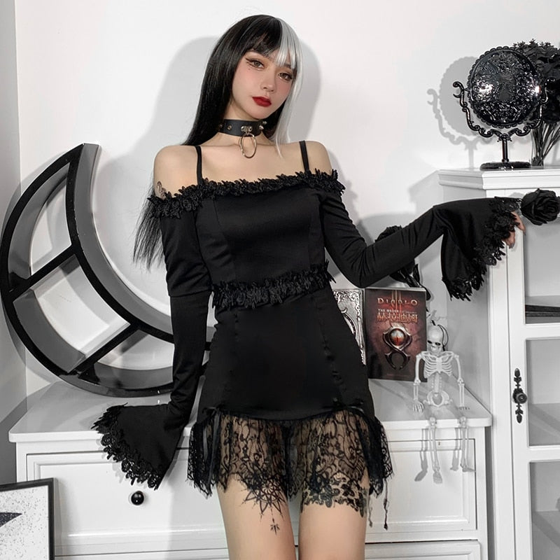 Witchy Clothing Gothic Sexy Off Shoulder Lace Tirm Dress Gothic Clothing