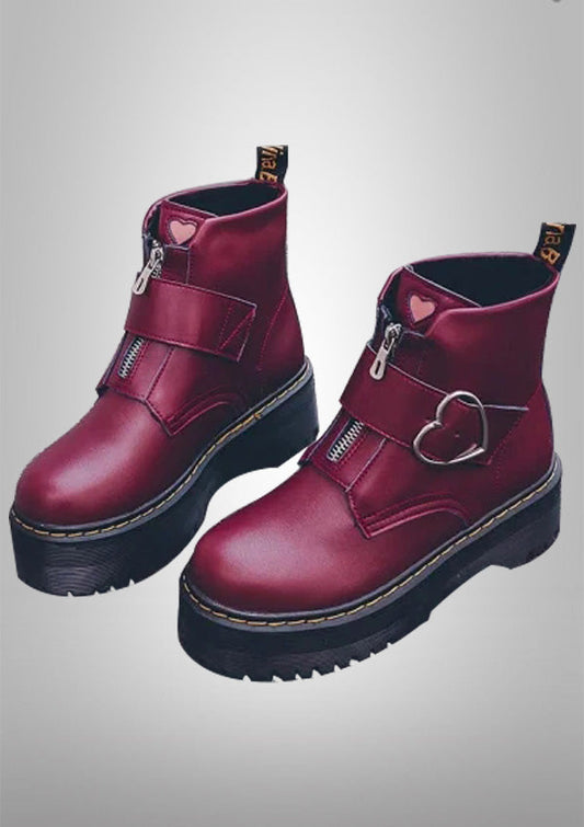 Burgundy Zipper Motorcycle Boots 