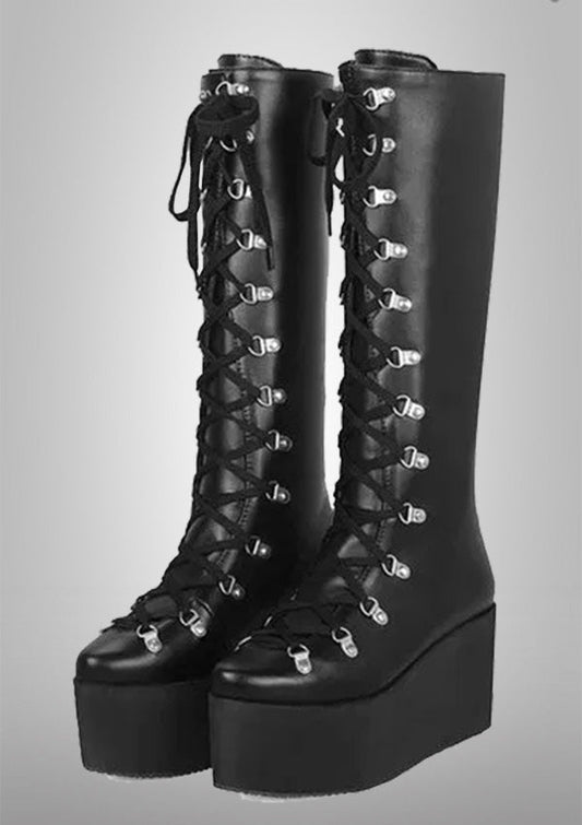 Gothic Rivet Wedges High Heels Lace Up Knee Boots 