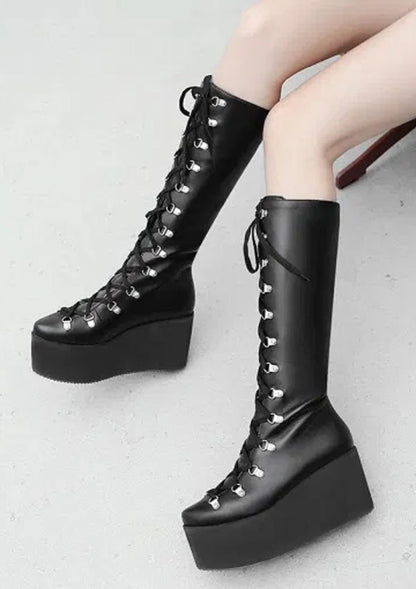 Gothic Rivet Wedges High Heels Lace Up Knee Boots 