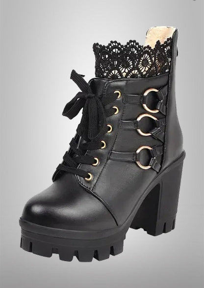 Black Lace Pure Color High-Heeled Ankle Boots 