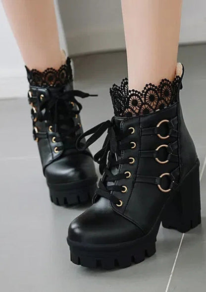 Black Lace Pure Color High-Heeled Ankle Boots 