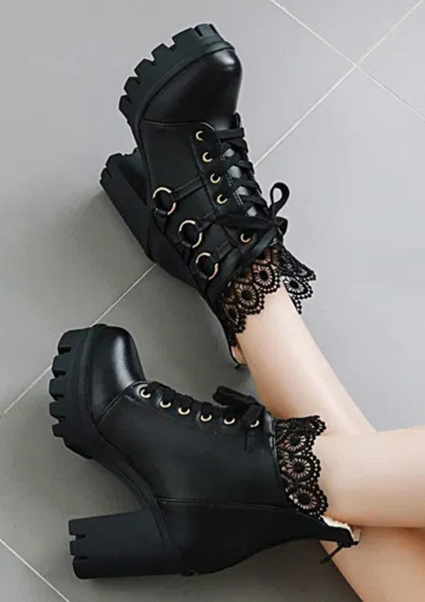 Black Lace Pure Color High-Heeled Ankle Boots 