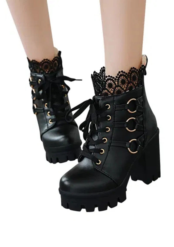 Black Lace Pure Color High-Heeled Ankle Boots 