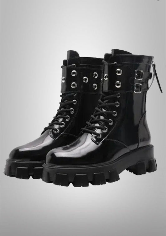 Black Platform Patent Leather Punk Motorcycle Boots 