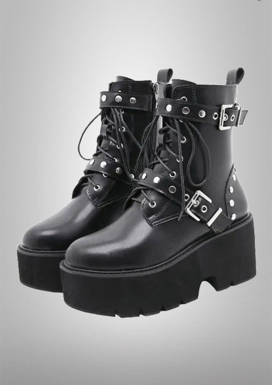 Black Rivet Strap Platform Ankle Boots 