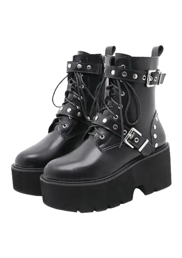 Black Rivet Strap Platform Ankle Boots 