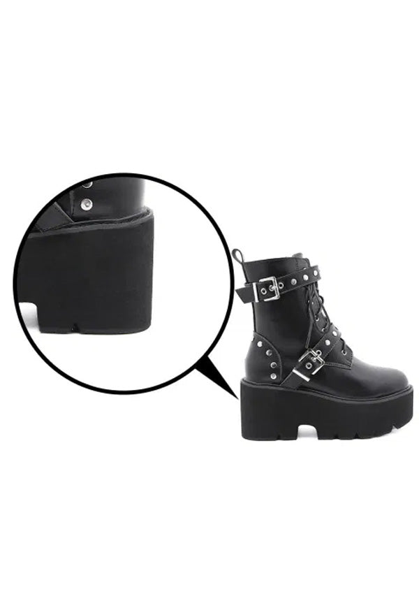Black Rivet Strap Platform Ankle Boots 