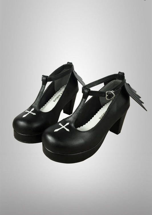 Black Wings Ankle T-strap Cross High Heels Lolita Shoes 