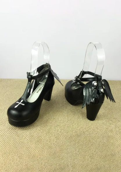 Black Wings Ankle T-strap Cross High Heels Lolita Shoes 