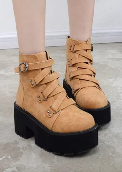 Leather Cross Strappy Vintage Punk Ankle Boots 