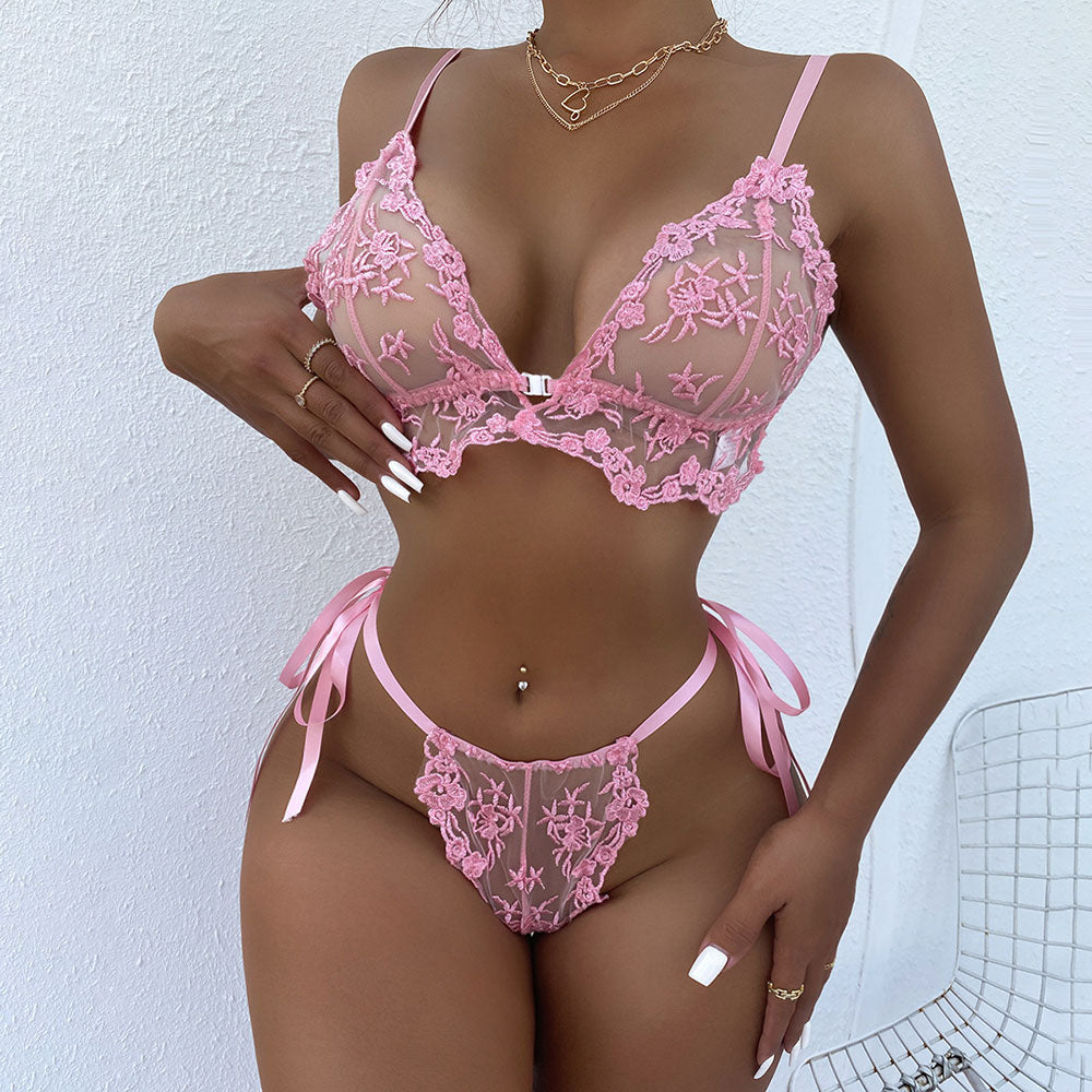 Lace Mesh Embroidered Hollow Bandage Sexy Lingerie Set