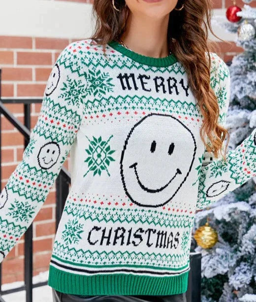 Laila Smiley Face Snow Flakes Pattern Sweater 
