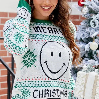 Laila Smiley Face Snow Flakes Pattern Sweater 