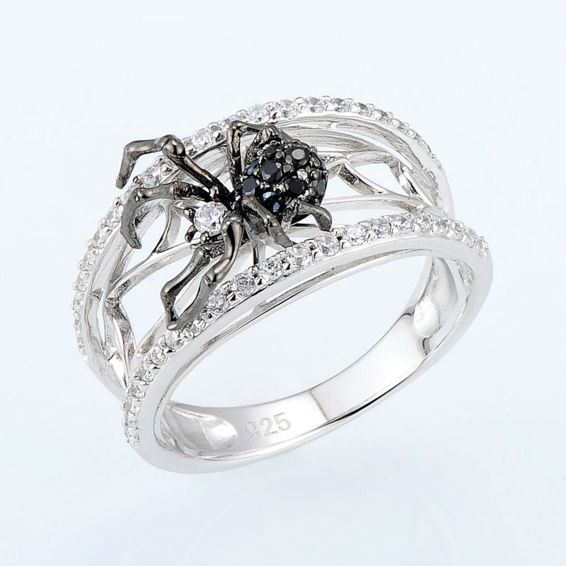 Luxury 925 Sterling Silver Black Spinel White CZ Spider Web Cutout Ring