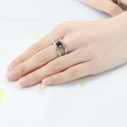 Luxury 925 Sterling Silver Black Spinel White CZ Spider Web Cutout Ring