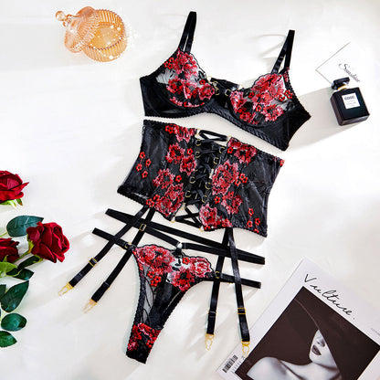 Mesh Flower Embroidery Hollow Out Cross Strap Sexy Lingerie Set