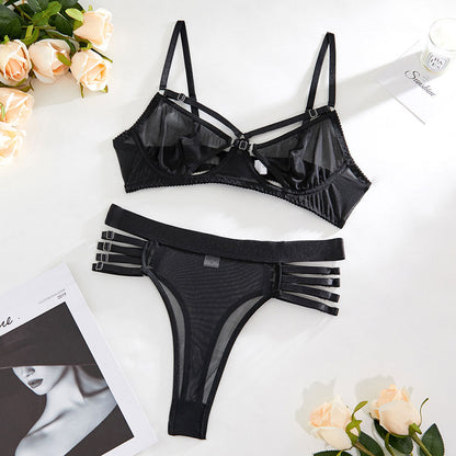 Mesh Lace Belt Underwire Motorcycle Sexy Lingerie Set