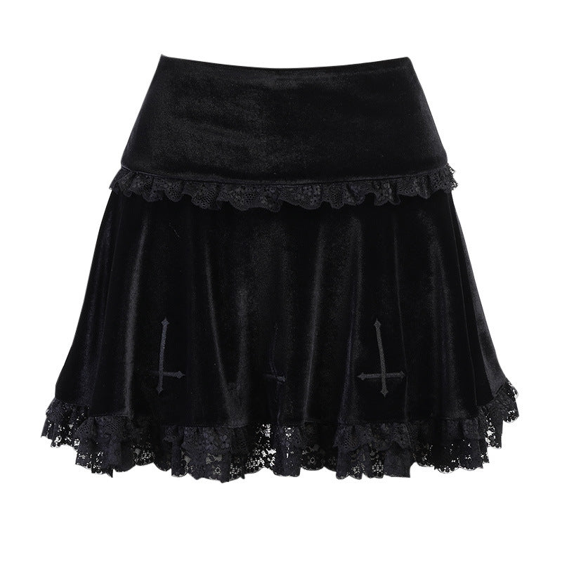 Lace cross velvet layered flared skirt C01230