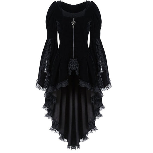 Women Lace Patchwork High Low Dress Gothic Style Medieval Dress Halloween Witch Dress