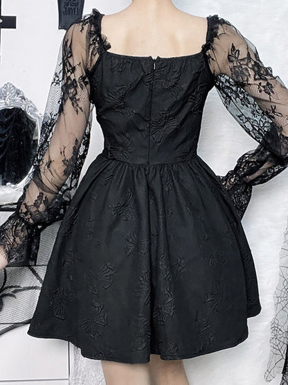 Gothic Aesthetic Black Slim Dress Lace Long Sleeve