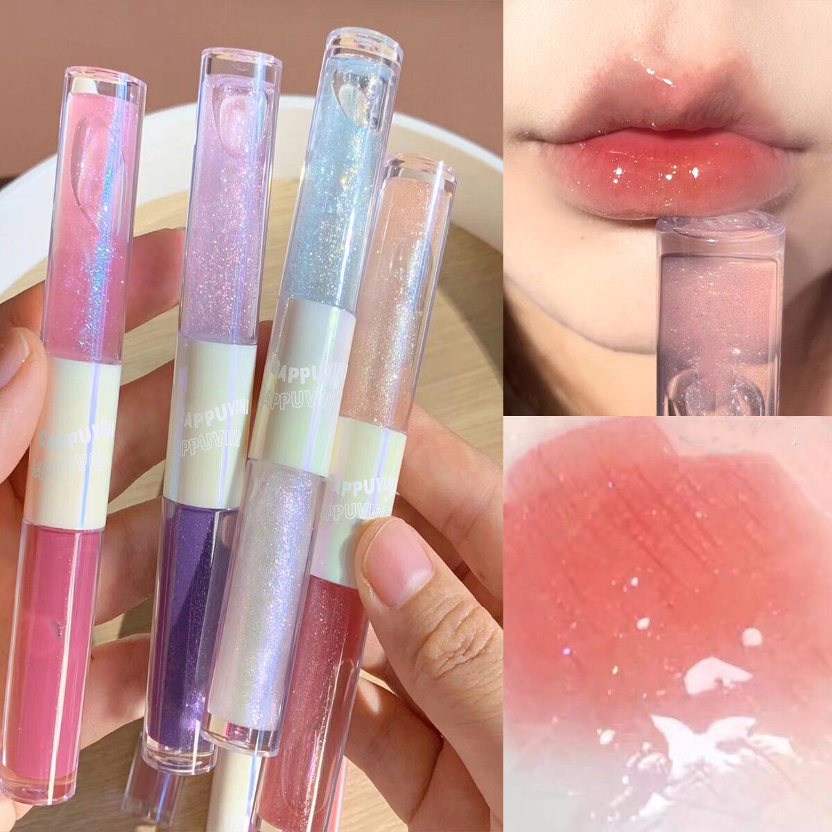 Tineit Purple Glitter Water Light Lip Gloss Lip Glaze Double-End Mirror Liquid Lipstick Not Fade Lip Tint Lasting Moisturizing Cosmetic