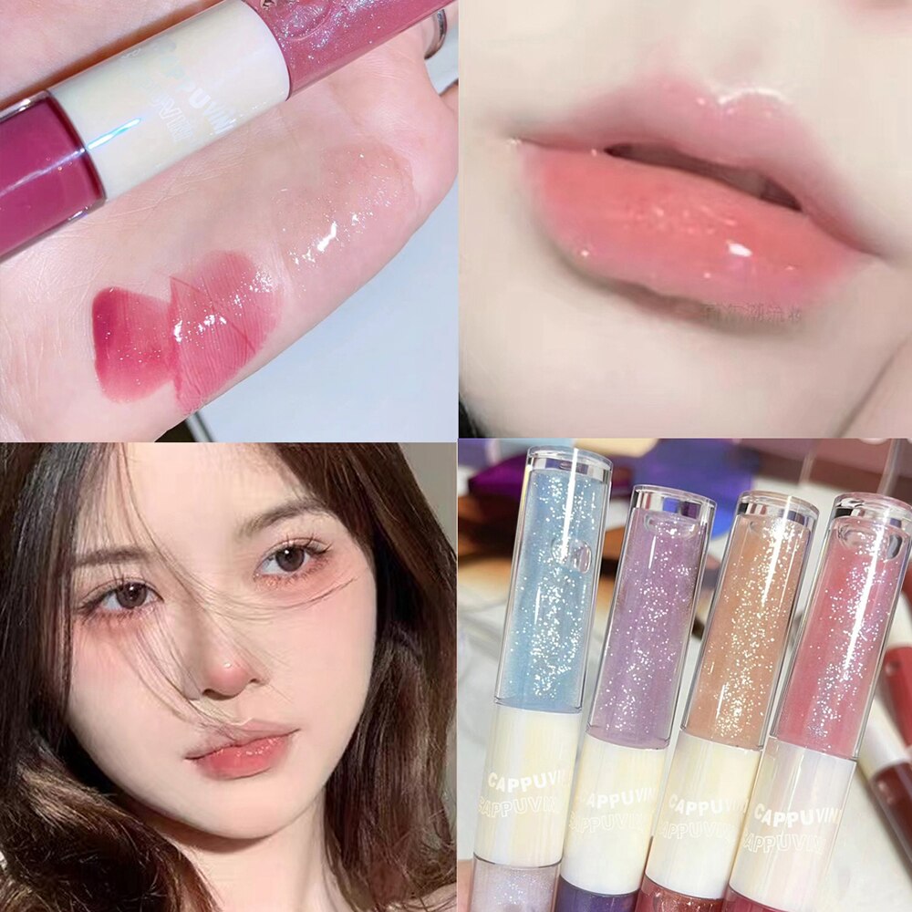 Tineit Purple Glitter Water Light Lip Gloss Lip Glaze Double-End Mirror Liquid Lipstick Not Fade Lip Tint Lasting Moisturizing Cosmetic