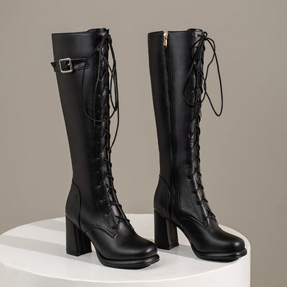 Women's Genuine Leather High Boots with Lace up / Fashion Female Thin Boots with Round Toe
