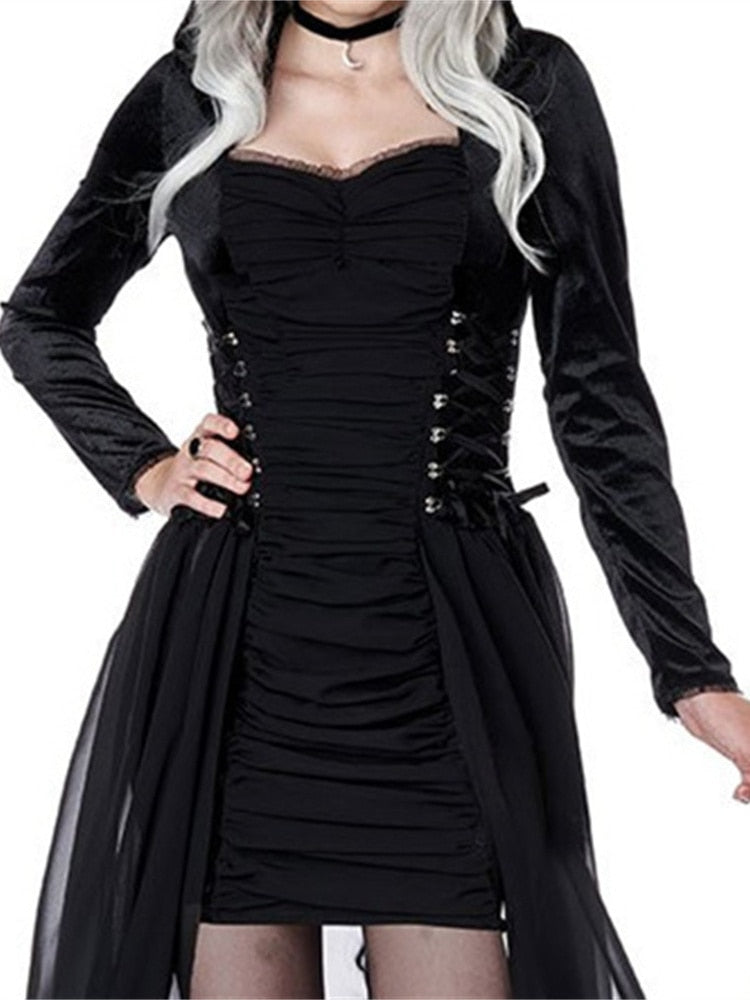 Gothic Halloween Lace Hooded Dress Witch Dress