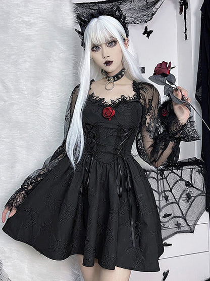 Gothic Aesthetic Black Slim Dress Lace Long Sleeve
