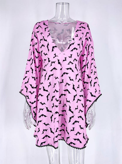 Pink Dress Sensual Deep V Neck Goth Bat Witch Dress