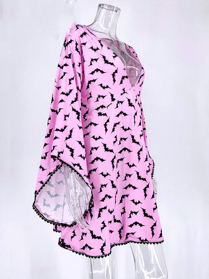 Pink Dress Sensual Deep V Neck Goth Bat Witch Dress