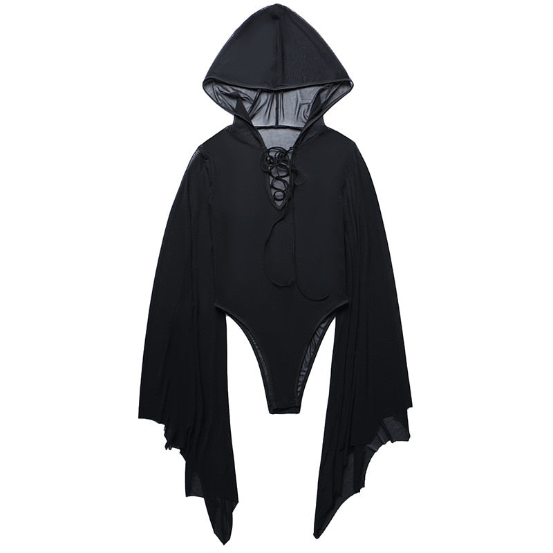 Gothic Style Sensual Mesh See-through Bodysuit Bat Sleeve Hooded Bodysuit
