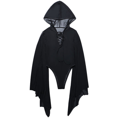 Gothic Style Sensual Mesh See-through Bodysuit Bat Sleeve Hooded Bodysuit