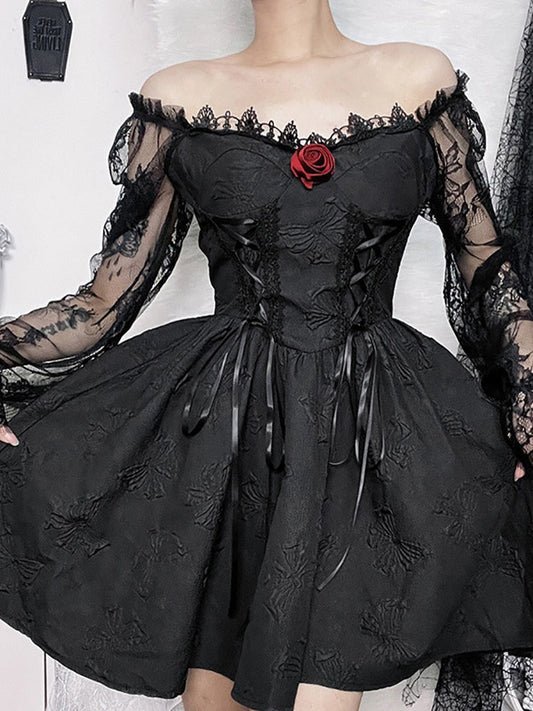 Gothic Aesthetic Black Slim Dress Lace Long Sleeve