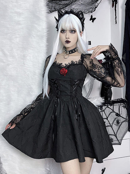 Gothic Aesthetic Black Slim Dress Lace Long Sleeve