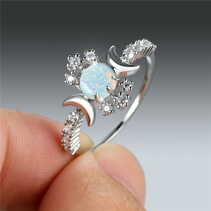 White Opal Round Stone Triple moon wiccan ring