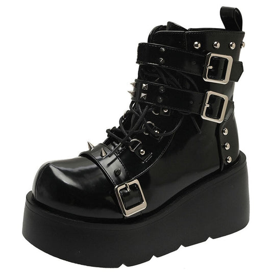 Gothic Buckles Platform Ankle Boots / Fashion Rivets Lace-Up Punk Shoes for Women