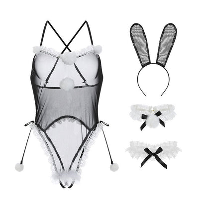 Sexy Lingerie Mesh Perspective Plush Bunny Girl Open Crotch Bodysuit